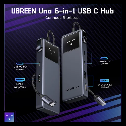  Ugreen - Docking Station Uno 6 az 1-ben CM888 (35998) - LED kijelző, 2x USB, 2x Type-C, HDMI, 10Gb/s, 4K, 100W SD/TF foglalat - Fekete - 5