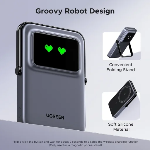  Ugreen - PB571 (35605B) Power Bank - Digitális kijelzővel, Gyors töltés, Mágneses, Vezeték nélküli, 5000mAh, USB-C, 18W, 5V/3A - Szürke - 8