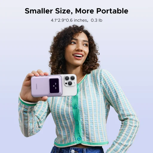  Ugreen - PB571 (35606) Power Bank - digitális kijelzővel, gyors töltés, mágneses, vezeték nélküli, 5000mAh, USB-C, 18W, 3A - Lila - 10