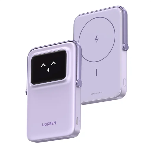  Ugreen - PB571 (35606) Power Bank - digitális kijelzővel, gyors töltés, mágneses, vezeték nélküli, 5000mAh, USB-C, 18W, 3A - Lila - 1