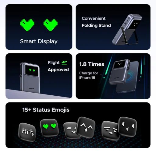 Ugreen MagSafe Power Bank Uno PB572 (45327) Gyors töltés, TFT kijelző, Állvány, 10000mAh, USB-C, 20W, 5V/3A - Szürke - 12