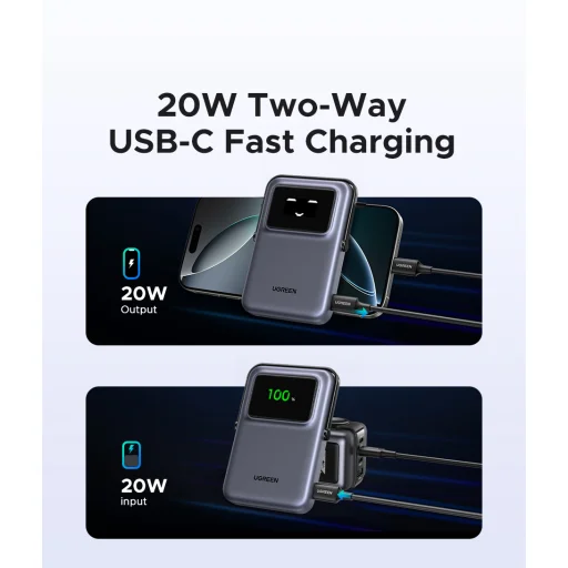 Ugreen MagSafe Power Bank Uno PB572 (45327) Gyors töltés, TFT kijelző, Állvány, 10000mAh, USB-C, 20W, 5V/3A - Szürke - 15