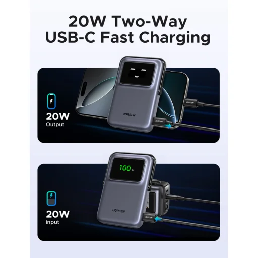 Ugreen MagSafe Power Bank Uno PB572 (45327) Gyors töltés, TFT kijelző, Állvány, 10000mAh, USB-C, 20W, 5V/3A - Szürke - 4