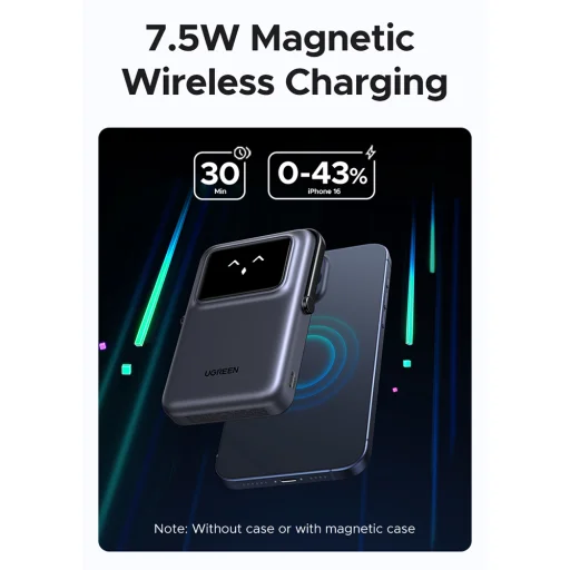 Ugreen MagSafe Power Bank Uno PB572 (45327) Gyors töltés, TFT kijelző, Állvány, 10000mAh, USB-C, 20W, 5V/3A - Szürke - 3