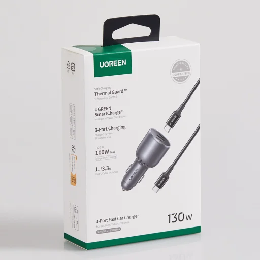  Ugreen - Autós Töltő EC705 (55511) - Telefonhoz, Laptophoz, Gyors Töltés, LED Világítás, 2x USB-C, USB, 130W, Type-C Kábellel - Szürke - 5