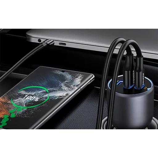  Ugreen - Autós Töltő EC705 (55511) - Telefonhoz, Laptophoz, Gyors Töltés, LED Világítás, 2x USB-C, USB, 130W, Type-C Kábellel - Szürke - 7