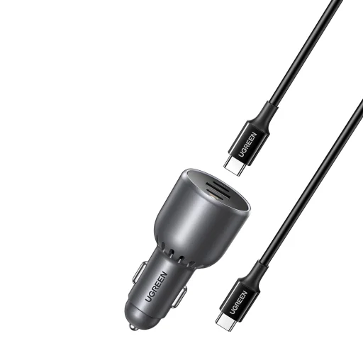  Ugreen - Autós Töltő EC705 (55511) - Telefonhoz, Laptophoz, Gyors Töltés, LED Világítás, 2x USB-C, USB, 130W, Type-C Kábellel - Szürke - 2