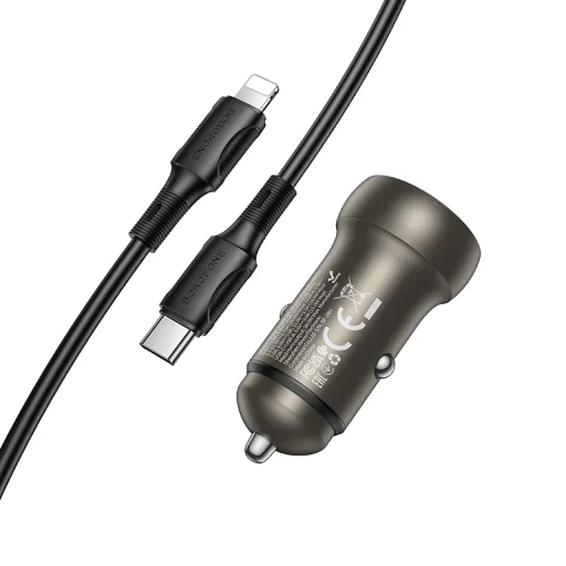Borofone Autós töltő BZ32A Fresh - USB + Type C - QC 3.0 PD 30W Type C - Lightning kábellel szürke - 3