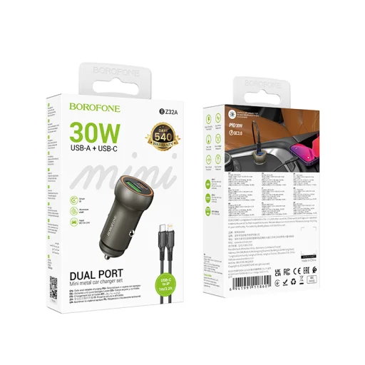 Borofone Autós töltő BZ32A Fresh - USB + Type C - QC 3.0 PD 30W Type C - Lightning kábellel szürke - 6