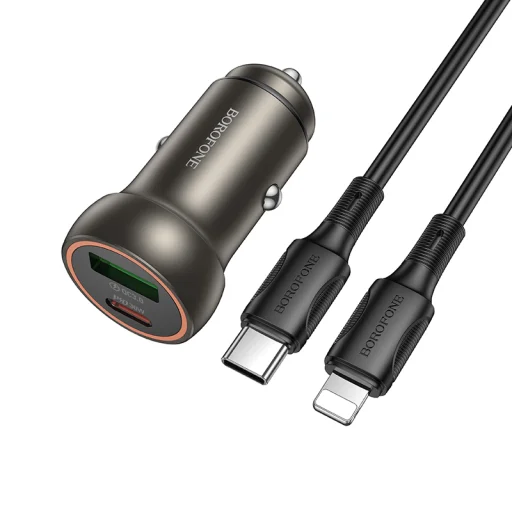 Borofone Autós töltő BZ32A Fresh - USB + Type C - QC 3.0 PD 30W Type C - Lightning kábellel szürke - 1