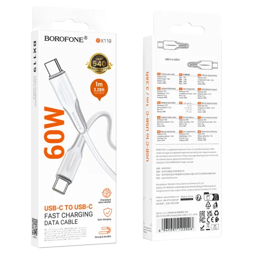 Borofone Kábel BX119 Új - Típus C C-hez - PD 60W 1 méter fehér - 4