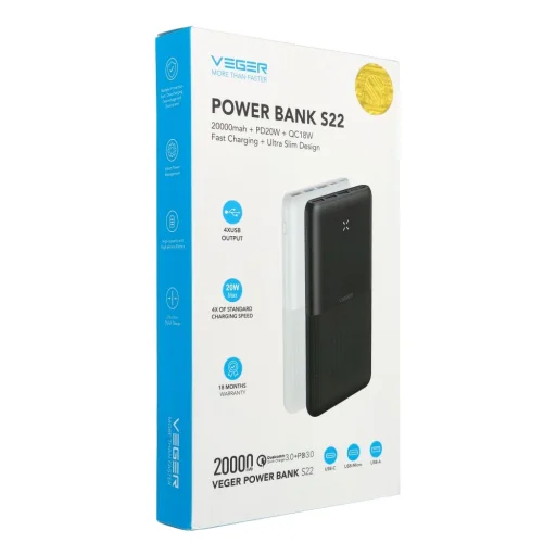 VEGER powerbank 20000 mAh PD QC3.0 3A 20W S22 (W2060) fekete - 4