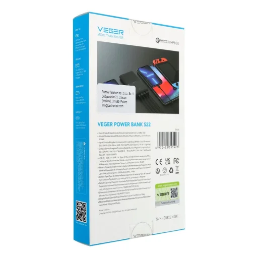 VEGER powerbank 20000 mAh PD QC3.0 3A 20W S22 (W2060) fekete - 5