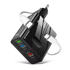 Techsuit - Prémium Fali Töltő PentaXPower (CHC1) - 3x USB QC 3.0, 2x Type-C PD 25W, 65W, LED, GaN, Type-C Kábel, 1m - Fekete
