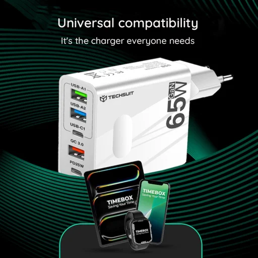 Techsuit - Prémium Fali Töltő PentaXPower (CHC1) - 3x USB QC 3.0, 2x Type-C PD 25W, 65W, LED, GaN, Type-C Kábel, 1m - Fekete - 6