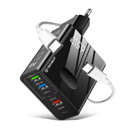 Techsuit - Prémium Fali Töltő PentaXPower (CHC1) - 3x USB QC 3.0, 2x Type-C PD 25W, 65W, LED, GaN, Type-C Kábel, 1m - Fekete - 1