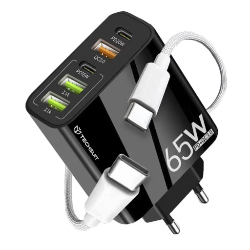 Techsuit - Prémium fali töltő PentaXPower (CHC2) - 3x USB QC 3.0, 2x Type-C PD 20W, 65W, LED, 1 méteres Type-C kábellel - Fekete - 1