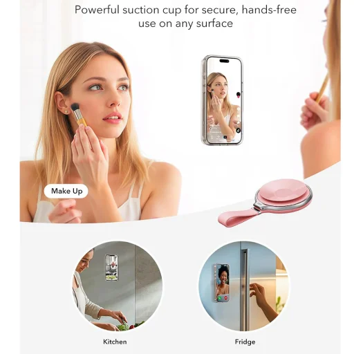 ESR - Tapadókorongos telefon tartó HaloLock (2K6500101) - Kéz nélküli tükörre szerelhető telefonállvány, mágneses, 360°-ban forgatható gyűrű - Rózsaszín - 4