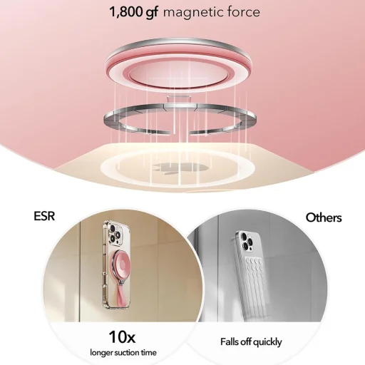 ESR - Tapadókorongos telefon tartó HaloLock (2K6500101) - Kéz nélküli tükörre szerelhető telefonállvány, mágneses, 360°-ban forgatható gyűrű - Rózsaszín - 5