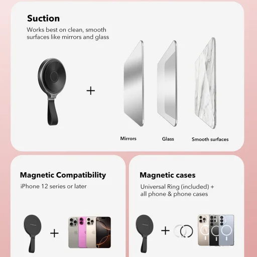 ESR - Vákuumos Telefontartó HaloLock (2K6500301) - Kéz nélküli Tükrös Telefonállvány, Mágneses, 360°-ban Forgatható Gyűrű - Fekete - 3