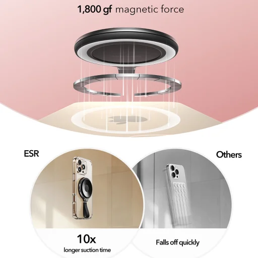 ESR - Vákuumos Telefontartó HaloLock (2K6500301) - Kéz nélküli Tükrös Telefonállvány, Mágneses, 360°-ban Forgatható Gyűrű - Fekete - 7