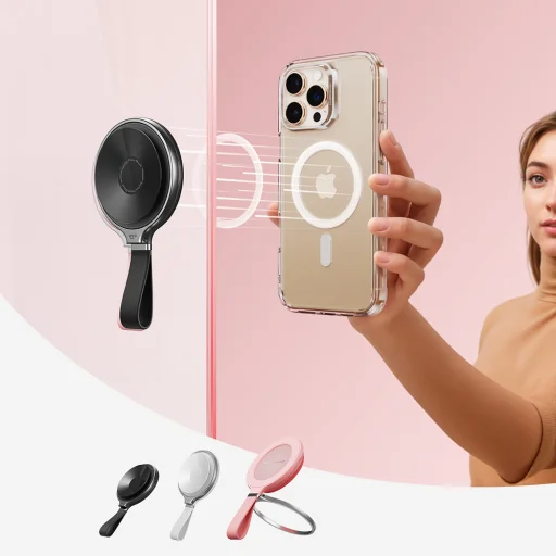 ESR - Vákuumos Telefontartó HaloLock (2K6500301) - Kéz nélküli Tükrös Telefonállvány, Mágneses, 360°-ban Forgatható Gyűrű - Fekete - 9