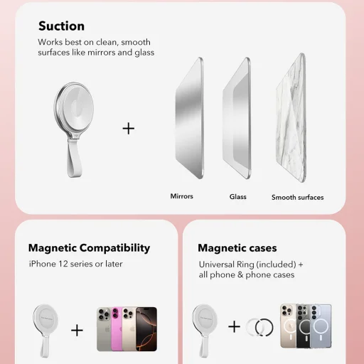 ESR - Tapadótelefon-tartó HaloLock (2K6500201) - Kéz nélküli tükörtelefon-állvány, mágneses, 360°-os forgógyűrű - Fehér - 2