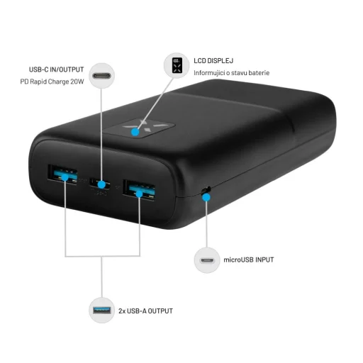  Fixed - Zen 20 Power Bank (FIXZEN-20-BK) - 2x USB, Type-C, 20W, 20000mAh, LCD kijelzővel - Fekete - 5