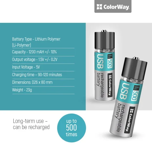  ColorWay - Újratölthető akkumulátor (CW-UBAA-02) - 2x AA USB, 1200mAh, 1.5V, egerekhez/billentyűzetekhez/távirányítókhoz, Li-Polymer - Szürke - 8