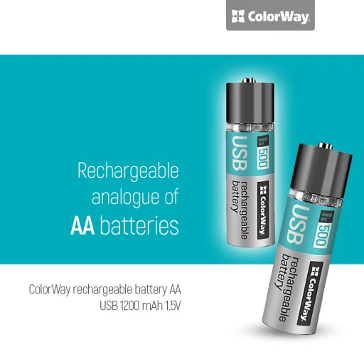  ColorWay - Újratölthető akkumulátor (CW-UBAA-02) - 2x AA USB, 1200mAh, 1.5V, egerekhez/billentyűzetekhez/távirányítókhoz, Li-Polymer - Szürke - 2