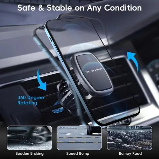  Techsuit - Légkondi Rácsra Rögzíthető Autós Tartó (S2) - Fémlemezekkel, Mágneses Rögzítés N52, 360°-os Forgatási Szög - Fekete - 7