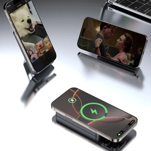 Dudao K29 10000mAh PD 20W MagSafe Powerbank fémházzal, állvánnyal és beépített USB-C/Lightning kábelekkel - Ezüst - 6