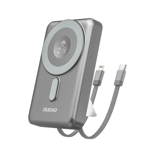 Dudao K29 10000mAh PD 20W MagSafe Power Bank fém tokkal, állvánnyal és beépített USB-C/Lightning kábelekkel - Szürke - 1