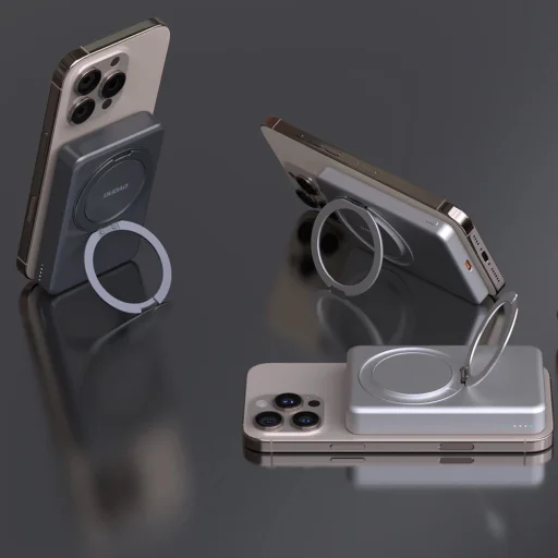 Dudao K28 10000mAh PD 22.5W MagSafe Powerbank fém tokkal és gyűrűs állvánnyal - Szürke - 10