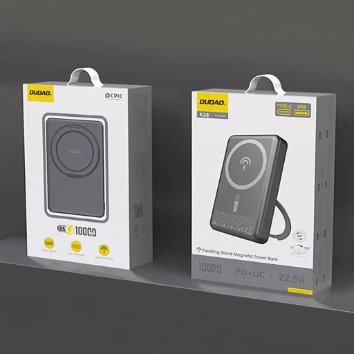 Dudao K28 10000mAh PD 22.5W MagSafe Powerbank fém tokkal és gyűrűs állvánnyal - Szürke - 2