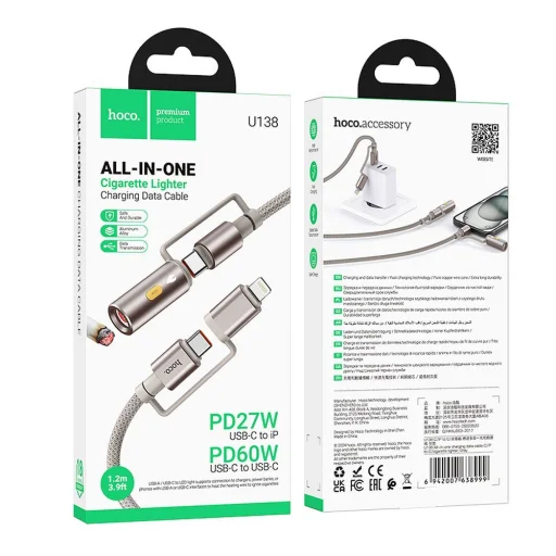 HOCO All-in-one Type C / Lightning to Type C / Szivargyújtó PD 3A 60W U138 1,2 m fekete kábel - 5