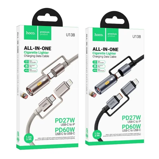 HOCO All-in-one Type C / Lightning to Type C / Szivargyújtó PD 3A 60W U138 1,2 m fekete kábel - 6