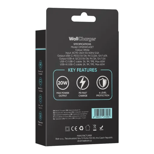 OBAL:ME Fali töltő USB-A + USB-C 20W + 2x Kábel 1m Fehér - 6
