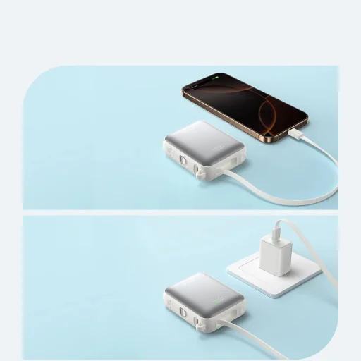 Joyroom JR-PBF27 10000mAh 22.5W Powerbank beépített USB-C és Lightning kábelekkel - Fehér - 10