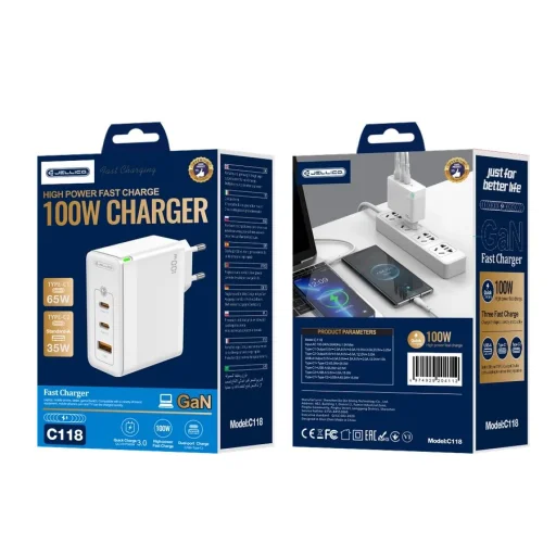 JELLICO fali töltő C118 GaN PD 100W 2xUSB-C + 1xUSB QC3.0 Fehér - 2