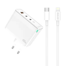 JELLICO fali töltő C118 GaN PD 100W 2xUSB-C + 1xUSB QC3.0 + kábel USB-C - Lightning Fehér