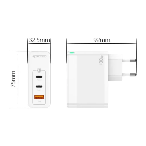 JELLICO fali töltő C118 GaN PD 100W 2xUSB-C + 1xUSB QC3.0 Fehér - 4