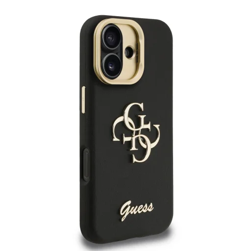  iPhone 16 fekete Guess PU Grained 4G Logo Stand Camera Frame tok - 4