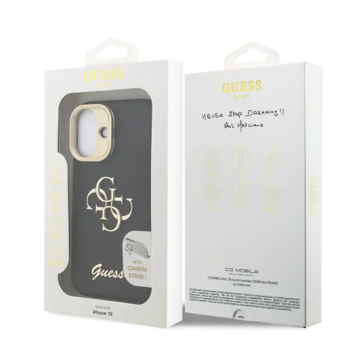  iPhone 16 fekete Guess PU Grained 4G Logo Stand Camera Frame tok - 7
