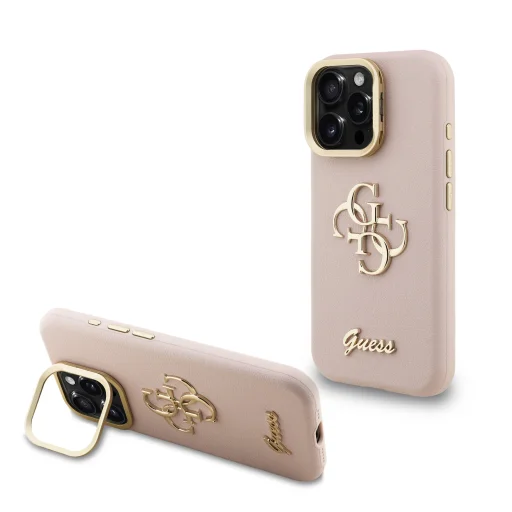 Guess PU Grained 4G Logo Stand Camera Frame tok iPhone 15 Pro Pink - 1
