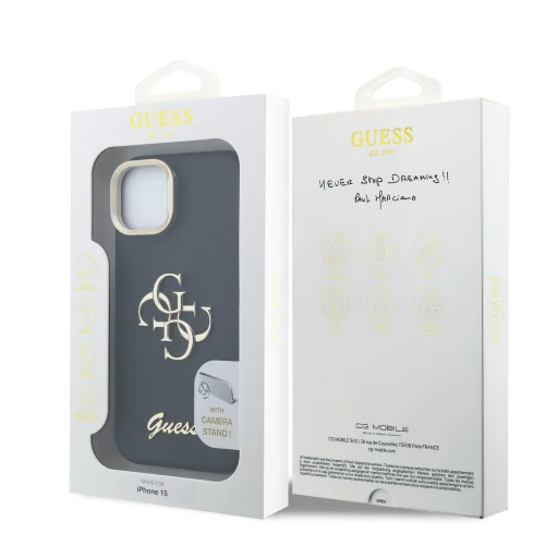 Guess PU Grained 4G Logo Stand Camera Frame tok iPhone 15 Black - 7