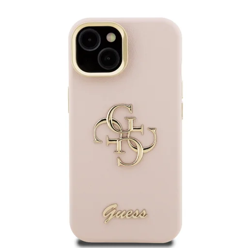  iPhone 13 Pink Guess PU Grained 4G Logo Állvány Kamerakeretes tok - 3