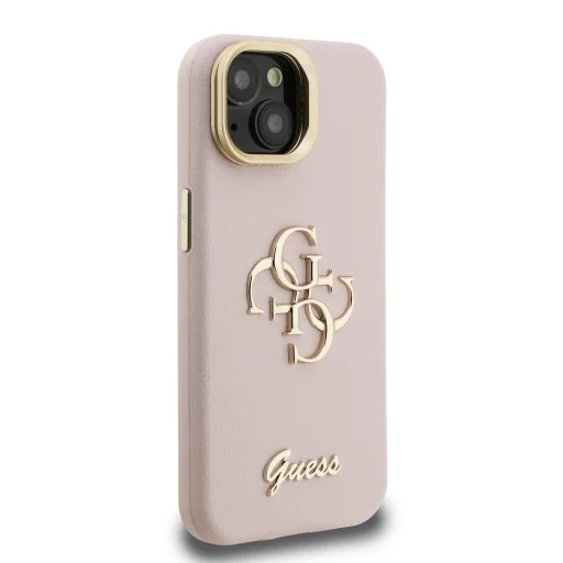  iPhone 13 Pink Guess PU Grained 4G Logo Állvány Kamerakeretes tok - 4