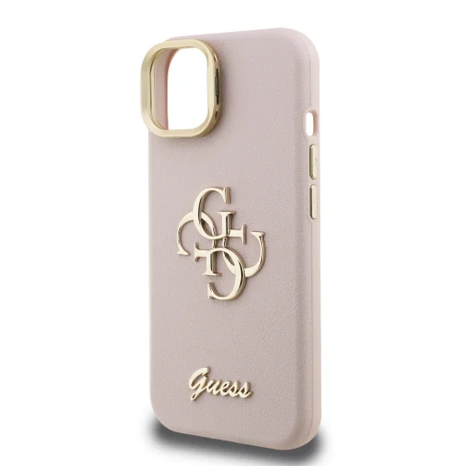  iPhone 13 Pink Guess PU Grained 4G Logo Állvány Kamerakeretes tok - 5