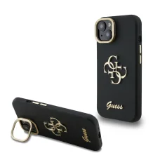  iPhone 13 fekete Guess PU Grained 4G Logo Stand Camera Frame tok